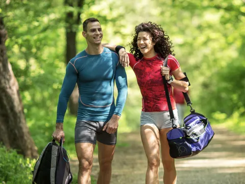 Couple walking down path